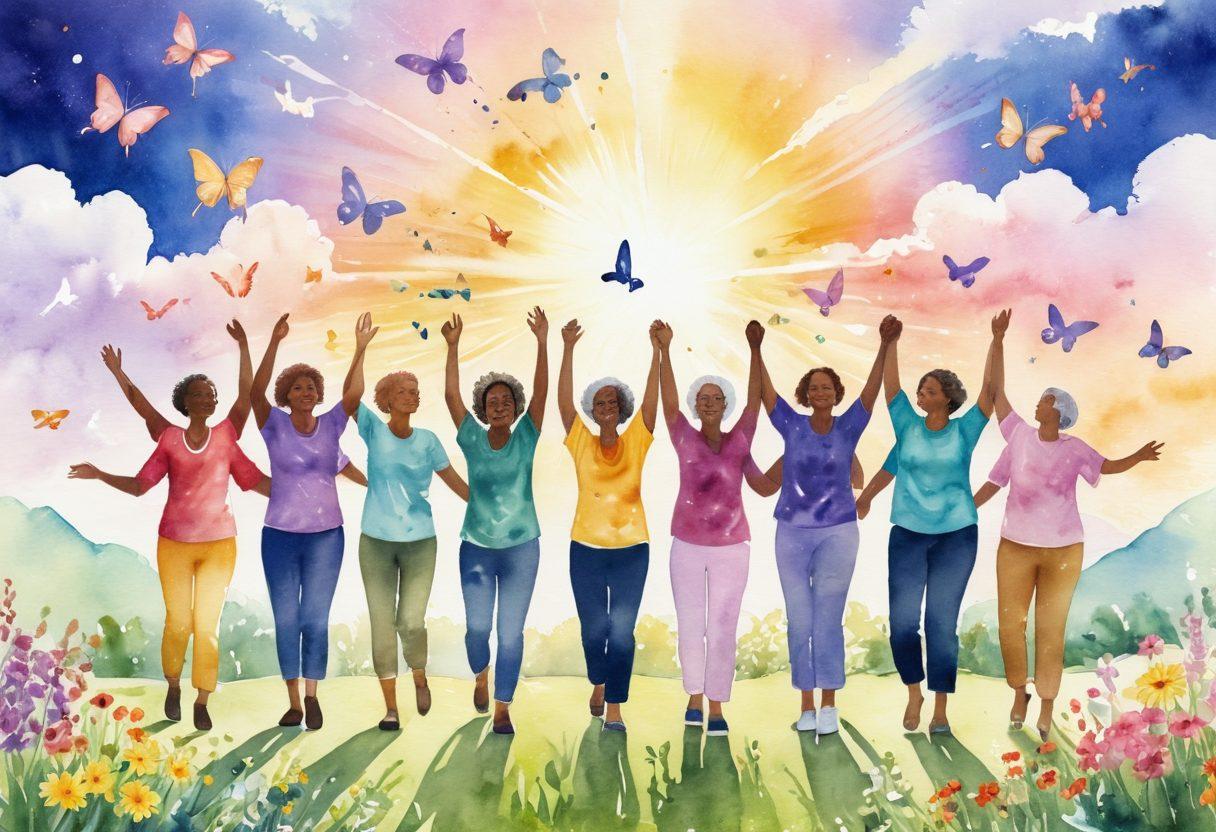 A hopeful journey scene depicting a diverse group of cancer survivors celebrating life, surrounded by symbols of hope like butterflies and blooming flowers. In the background, soft rays of sunlight breaking through clouds symbolize resilience and new beginnings. The atmosphere is uplifting, showcasing warmth and community support. watercolor style. vibrant colors. bright, sunny backdrop.