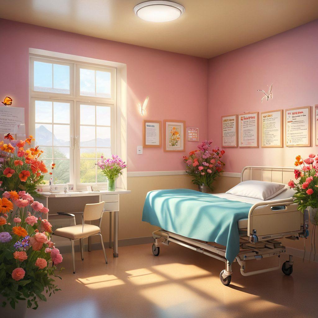A serene hospital scene depicting a compassionate healthcare provider conversing with a cancer patient, surrounded by vibrant flowers and uplifting quotes on the walls. Include symbols of hope like a glowing light bulb and a butterfly. The atmosphere should exude warmth and support, with soft colors. super-realistic. vibrant colors. warm lighting.